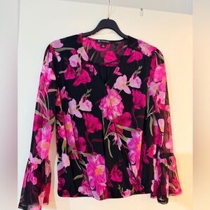 INC International Concepts Black Blouse with Pink Floral Pattern